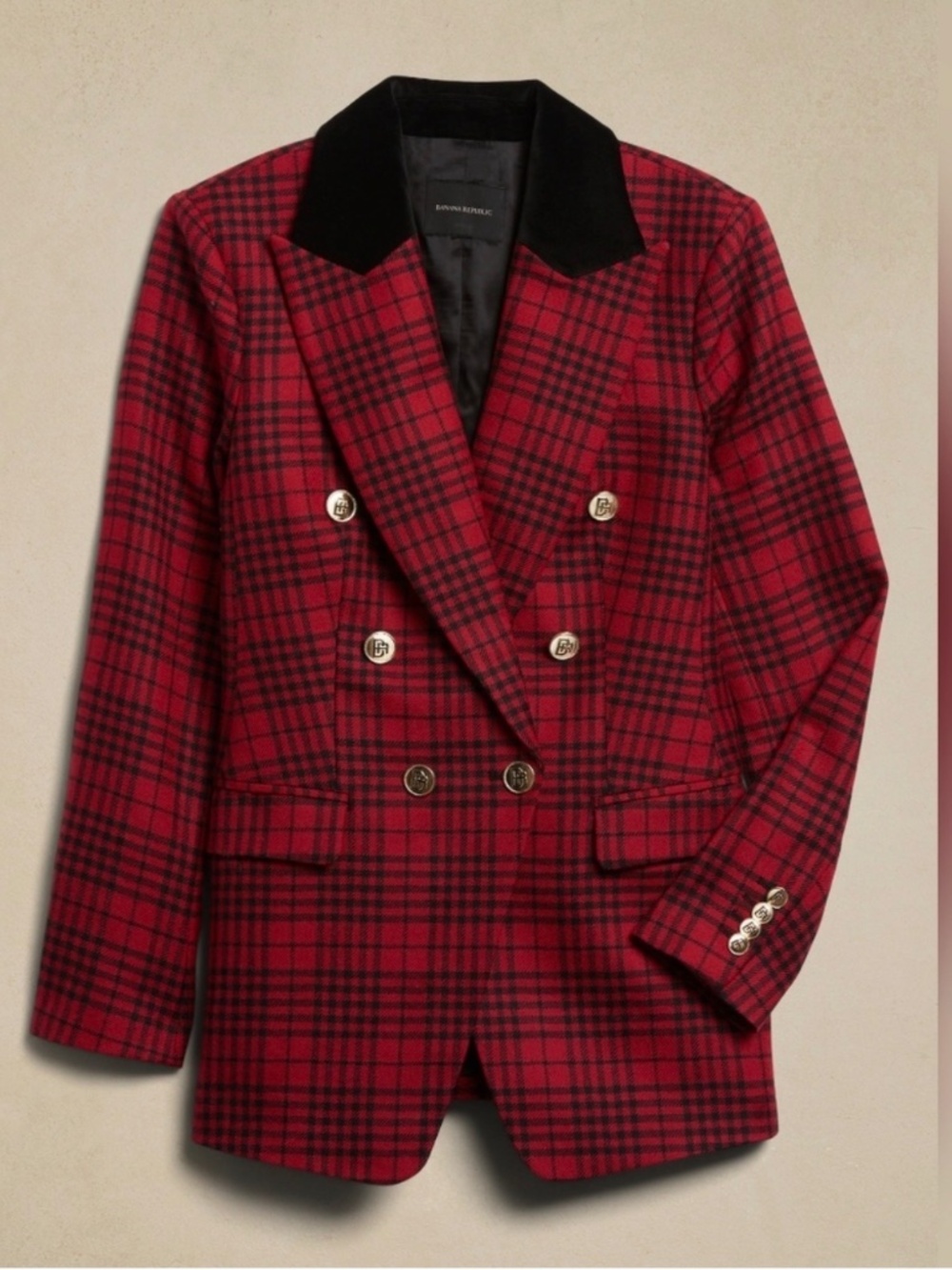 Banana Republic Plaid Double-Breasted Wool Blazer Red Black Velvet Collar